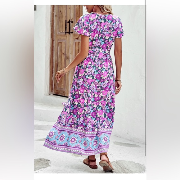 Boho front high split v-neck maxi dress floral purple Large  12/14 - Picture 4 of 9